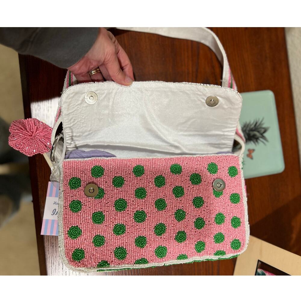 NWT Handcrafted India Beaded Purse Pink Green Striped Artsy Charm Shoulder Bag - Picture 7 of 16
